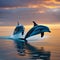 A pair of dolphins leaping out of the water to touch a glowing \\\