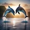 A pair of dolphins leaping out of the water to touch a glowing \\\