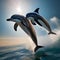 A pair of dolphins leaping out of the water to touch a glowing \\\