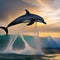 A pair of dolphins leaping in perfect synchronization through sparkling waves1