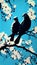 Pair of Doves Perched on Cherry Blossom Branch Against Blue Sky, Made with Generative AI