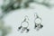 pair of earrings on a white background. with white green flowers blur embellishment