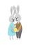 Pair of Easter Bunnies. Easter present. Gift. Bunny. Egg. Flat, cartoon, isolated. Flat, cartoon, isolated