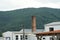 Pair of European white stork on factory chimney of old industrial building