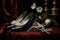Pair of exquisite leather shoes showcased on velvet cushion. Generative AI