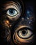 A pair of eyes gazing at one another within the swirls of the the cosmos Zodiac Astrology concept. AI generation