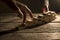 Pair of fingers walking up wooden blocks