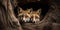 A pair of foxes snuggling together in a den beneath a tree, concept of Cuddling behavior in animals, created with