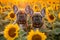 Pair of French Bulldog dog puppies in sun flower field in summer