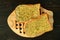 Pair of Garlic Butter Toasts on Wooden Plate Served on Dark Color Background