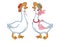 Pair of geese with a hat, sketch on a white background