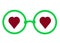 A pair of glasses with bright green round frame and maroon hearts as the eyes white backdrop