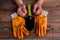 Pair of gloves, trowel and male`s hands - gardening concept.