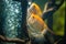 Pair of Gold Pterophyllum Scalare in aqarium, yellow angelfish lays its eggs