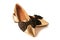 Pair of golden ballerinas shoes with black bow isolated on white. Leather shiny pointy toe sole cutout. Festive