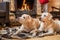 Pair of golden Labrador Retrievers lie on a blanket in front of country house fireplace