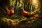 A pair of golden pheasants foraging in a forest, their vibrant feathers glistening in the dappled sunlight