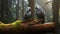 A pair of grey parrots perched on a weathered tree stump