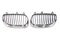 A pair of grille on a white background made of shiny chromed metal is an element of the car body that protects and passes air to