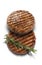 Pair of grilled beef burgers with rosemary