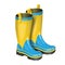 Pair of gumboots. Rain yellow and blue boots on white