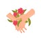 Pair of hands with red flowers and buds close-up. Vector illustration on white background.