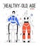 Pair of happy healthy old people in exosuits with lettering. Innovation in medicine. Elderly family. Exoskeleton for people