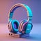 A pair of headphones on Blue and purple background modernist headphones glowing neon vray