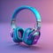 A pair of headphones on Blue and purple background modernist headphones glowing neon vray