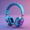 A pair of headphones on Blue and purple background modernist headphones glowing neon vray