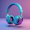 A pair of headphones on Blue and purple background modernist headphones glowing neon vray