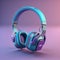 A pair of headphones on Blue and Purple background modernist headphones glowing neon vray