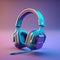 A pair of headphones on Blue and purple background modernist headphones glowing neon vray