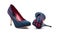 Pair of high-heeled polka dot blue and red shoes