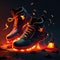 A pair of hiking boots with a burning trail of fire on a dark background AI Generated animal ai