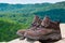 Pair of hiking boots in front of mountain forest