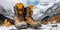 A pair of hiking boots on a snowy mountain. Generative AI image.
