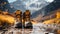 A pair of hiking boots on a trail in the mountains. Generative AI image.