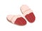 Pair of home winter slippers with knitted top and fur isolated on white background. Interior furry footwear. Women shoes