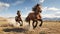 A pair of horses galloping freely through an open field