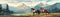 Pair Of Horses Grazing Peacefully In Tranquil Countryside. Panoramic Banner Illustration. Generative AI