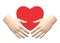 A pair of human hands palms hugging a red heart shape