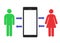 A pair of human male and female green and red icons connected by a black bezel smartphone