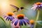 A pair of hummingbirds hovering in mid-air, sipping nectar from a cluster of vibrant, tropical flowers