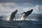 a pair of humpback whales breaching in tandem