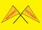 A pair of identical crossing golden yellow triangular flags with the word victory bright yellow backdrop