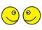 A pair of identical yellow smiling emoticon smiley facing one another white backdrop