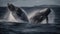 A pair of impressive humpback whales breaching the surface of an ocean created with Generative AI