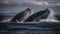 A pair of impressive humpback whales breaching the surface of an ocean created with Generative AI