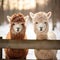 A pair of inquisitive alpacas peering over a wooden fence, their fluffy coats inviting a gentle touch by AI generated